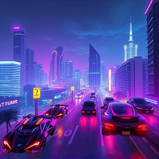 Game cover art for 'Cyberpunk Miami 2087'. A futuristic cityscape with neon lights and flying cars.