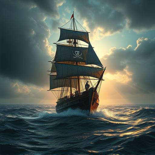 Game cover art for 'Pirate Legends Rise'. A pirate ship sailing through stormy seas.