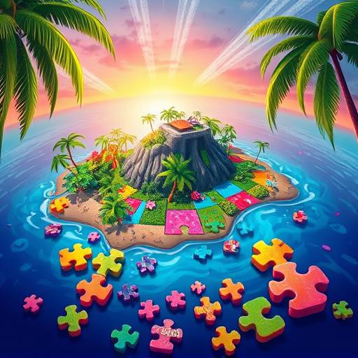 Game cover art for 'Puzzle Paradise'. Colorful puzzle pieces forming a tropical island.